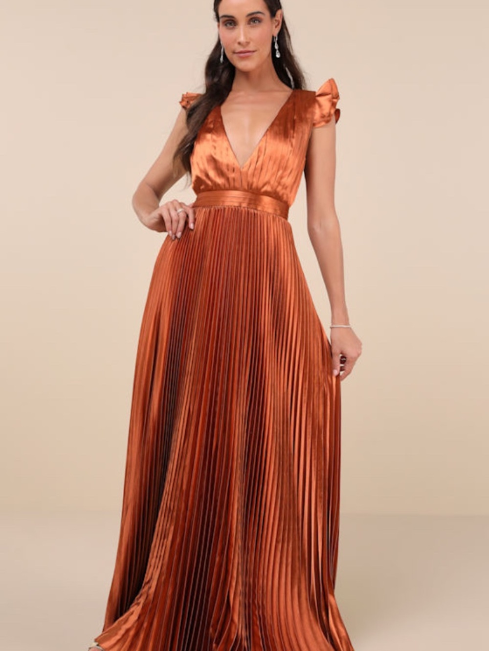 Lulus Exceptional Drama Rust Orange Satin Lace-up Pleated Maxi Dress - Size S